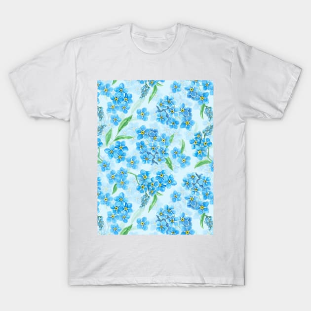 Forget me not watercolor flowers on light blue T-Shirt by katerinamk